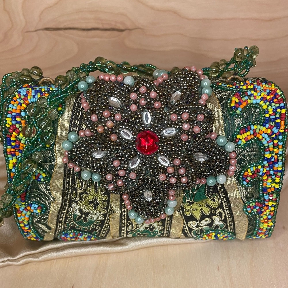 Luxury green beaded clutch, baroque style
